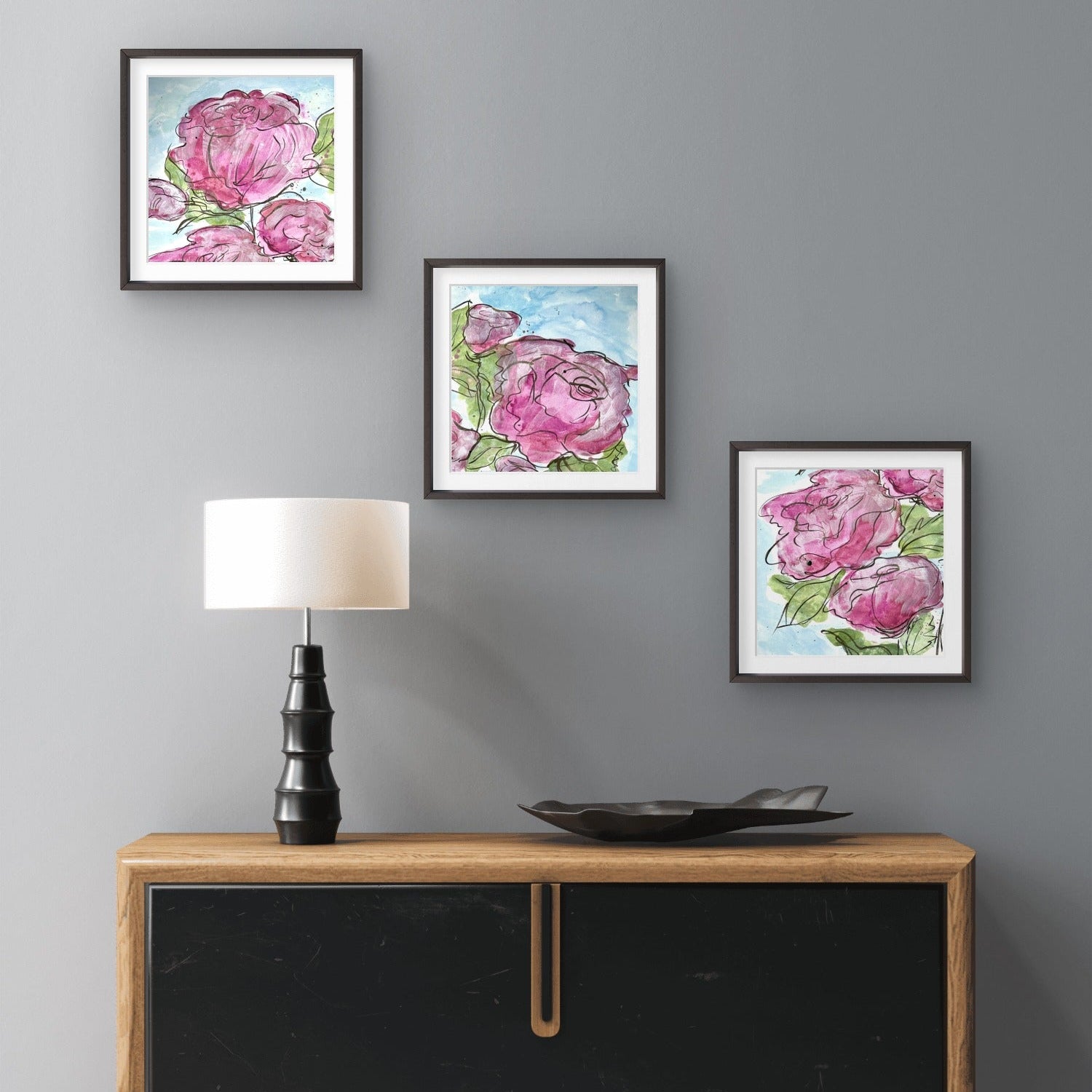 Mini print set 'Full Bloom' abstract rose paintings by Kris Horton displayed above console table