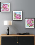 Mini print set 'Full Bloom' abstract rose paintings by Kris Horton displayed above console table