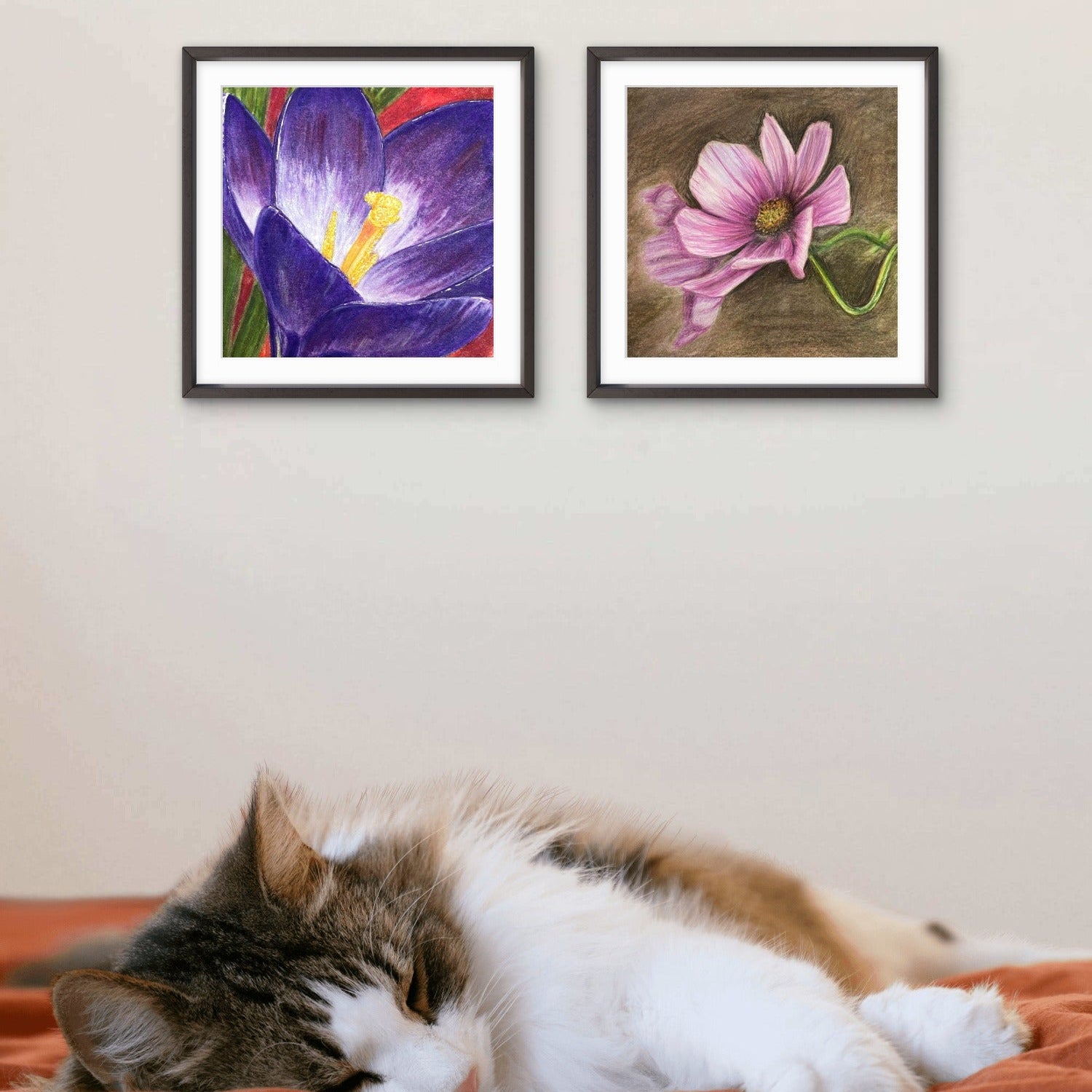 2 floral paintings by Kris Horton framed fine art mini prints on bedroom wall