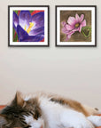 2 floral paintings by Kris Horton framed fine art mini prints on bedroom wall