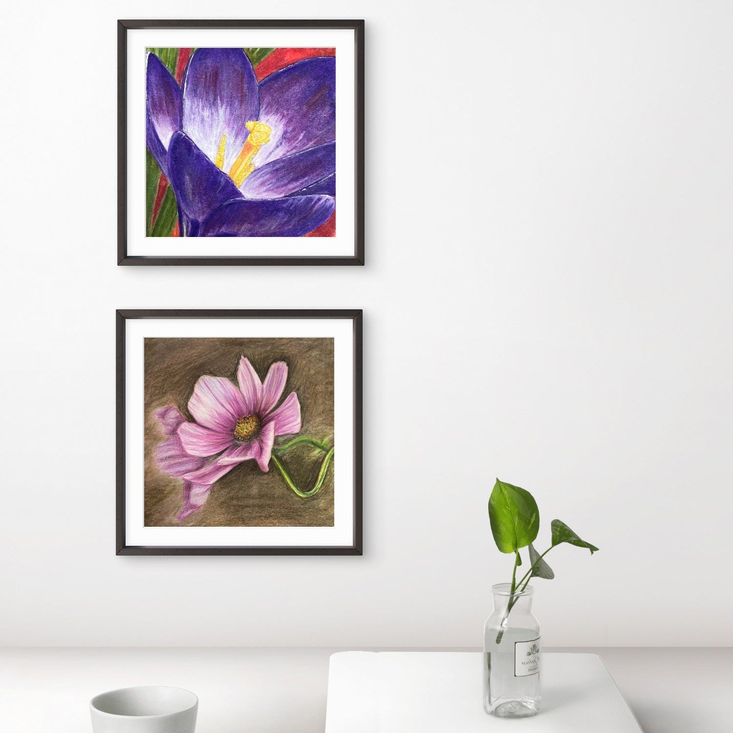 Violet and Crocus paintings by Kris Horton framed on a wall, the garden jewels mini print set