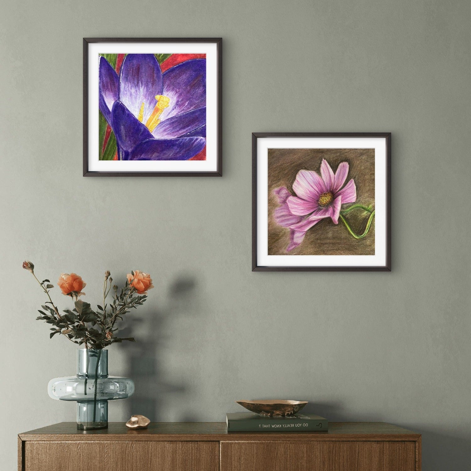 Garden Jewels fine art mini prints floral set by Kris Horton framed on a living room wall