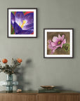 Garden Jewels fine art mini prints floral set by Kris Horton framed on a living room wall