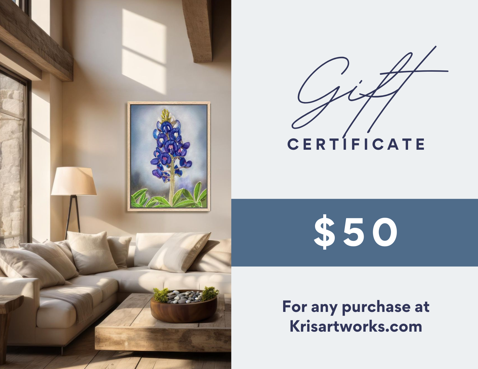 Living room with a painting of bluebonnets and a gift certificate for Krisartworks.com.