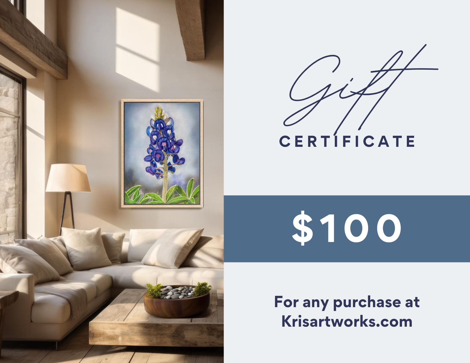 Living room with a painting of bluebonnets and a gift certificate for Krisartworks.com.