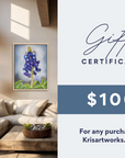 Living room with a painting of bluebonnets and a gift certificate for Krisartworks.com.