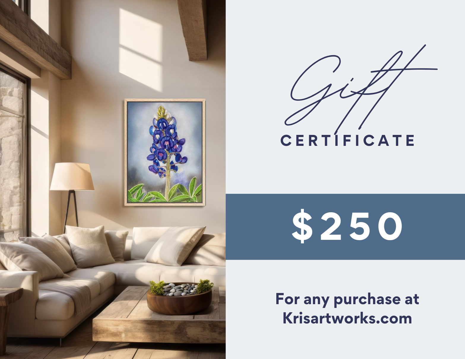 Living room with a painting of bluebonnets and a gift certificate for $250 from Krisartworks.com.