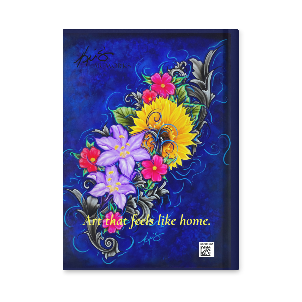 Vibrant floral painting by Kris Horton on cover of notebook