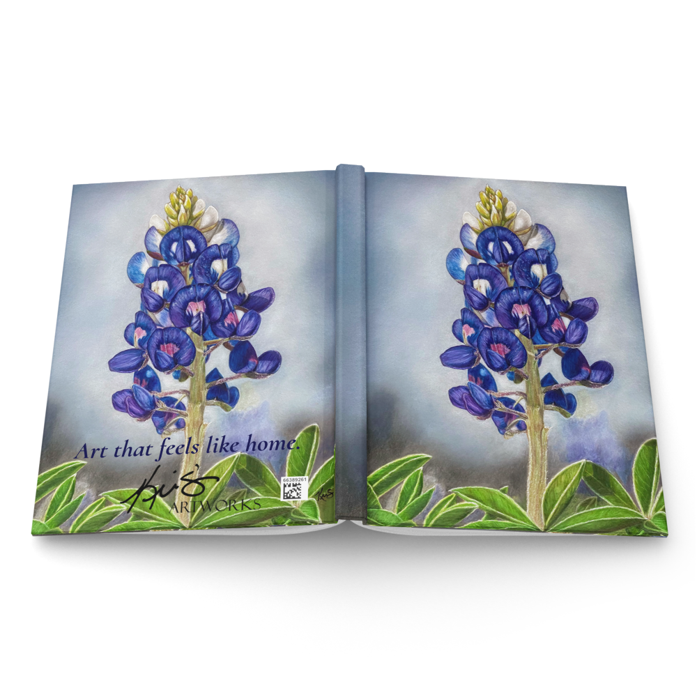 Texas Bloom No. 1 bluebonnet painting by Kris Horton on a journal cover.
