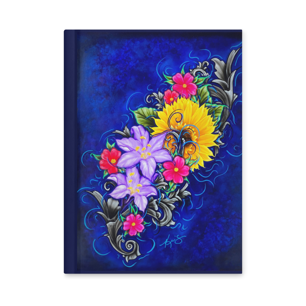 Decorative notebook cover with colorful flowers on a blue background painting by Kris Horton