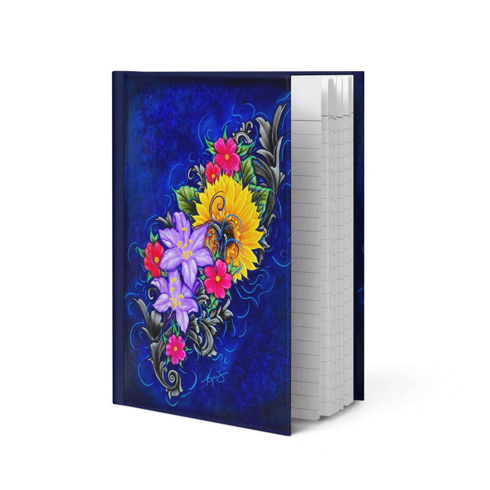 Notebook with colorful floral painting on a blue background by Kris Horton