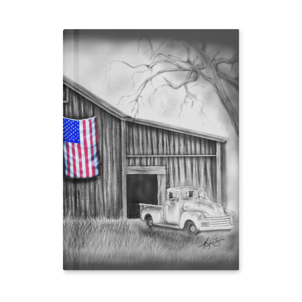 Artistic depiction of a truck in front of a barn with an American flag, painting by Kris Horton