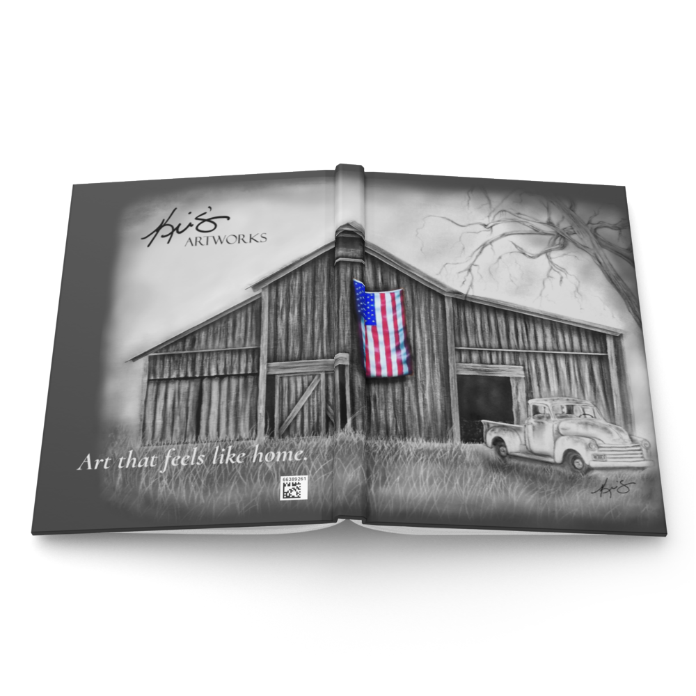 Open journal showing a black and white illustration of a barn with an American flag and a pickup truck, painting by Kris Horton