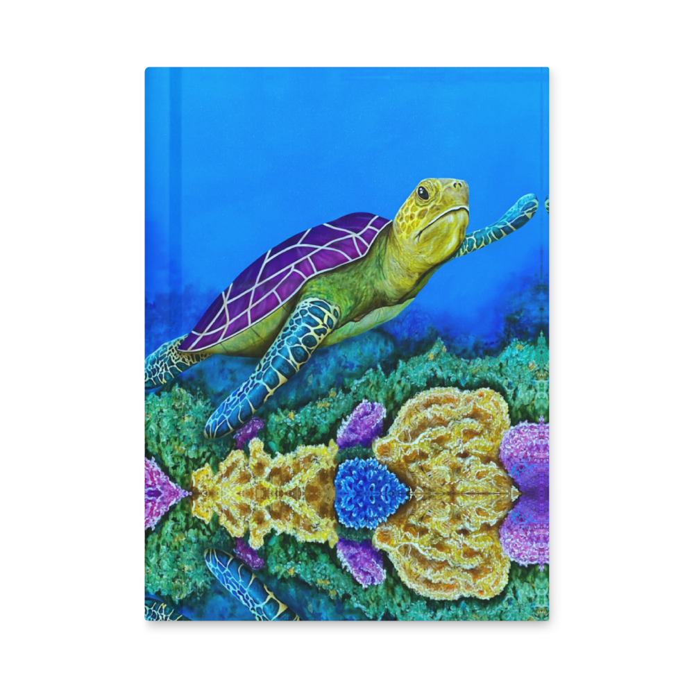 Notebook with a turtle and coral painting on a blue background by Kris Horton