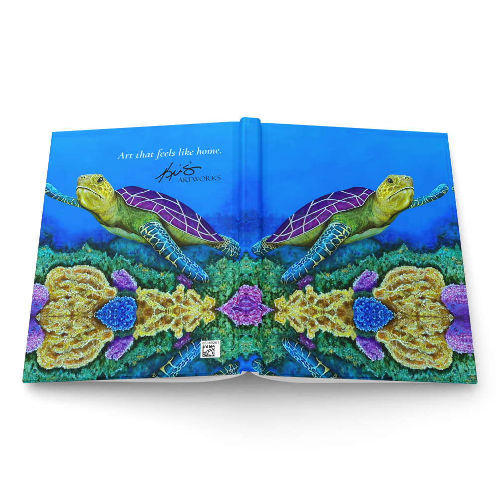 Open book with colorful artwork of turtles and underwater plants on a blue background, painting by Kris Horton