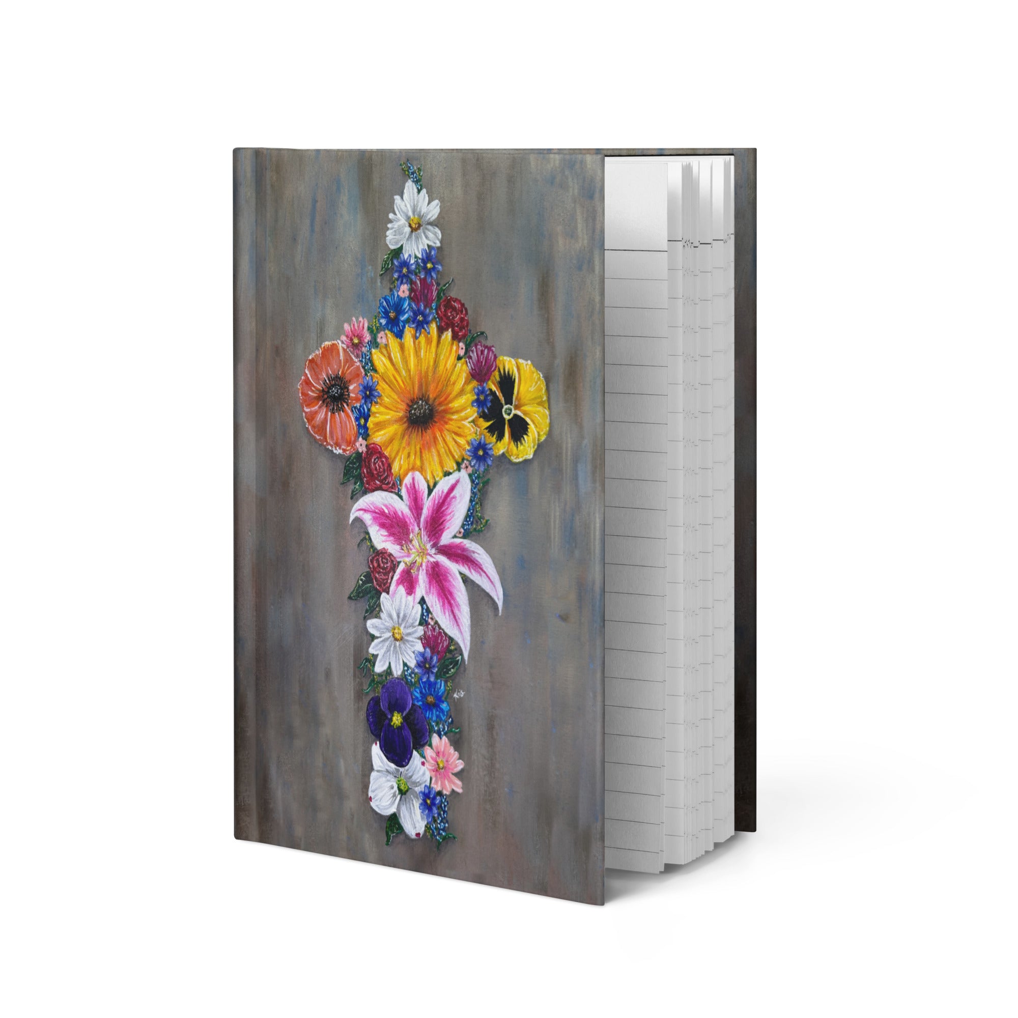 Cross in Bloom painting by Kris Horton on the cover of a journal