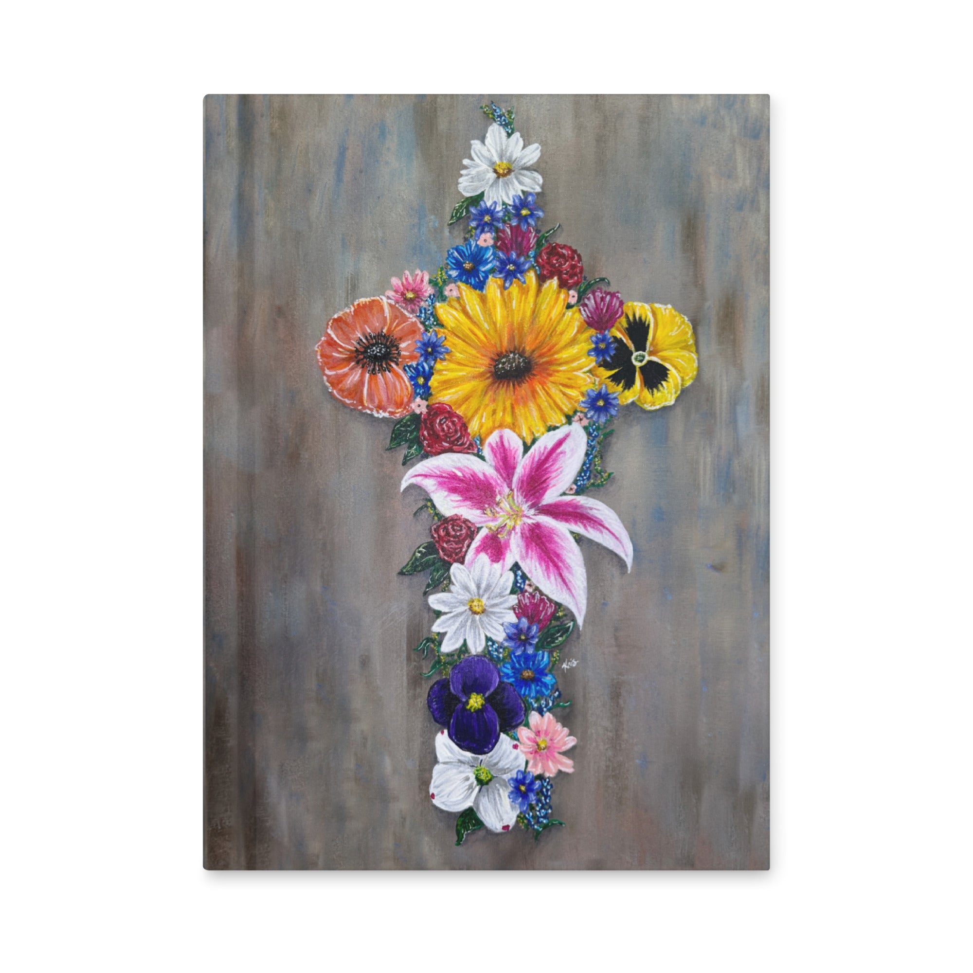 Front cover of journal with painting of vibrant flowers creating a cross by Kris Horton