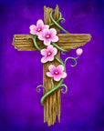 He is Risen painting of a wooden cross with pink flowers and green vine on a purple background