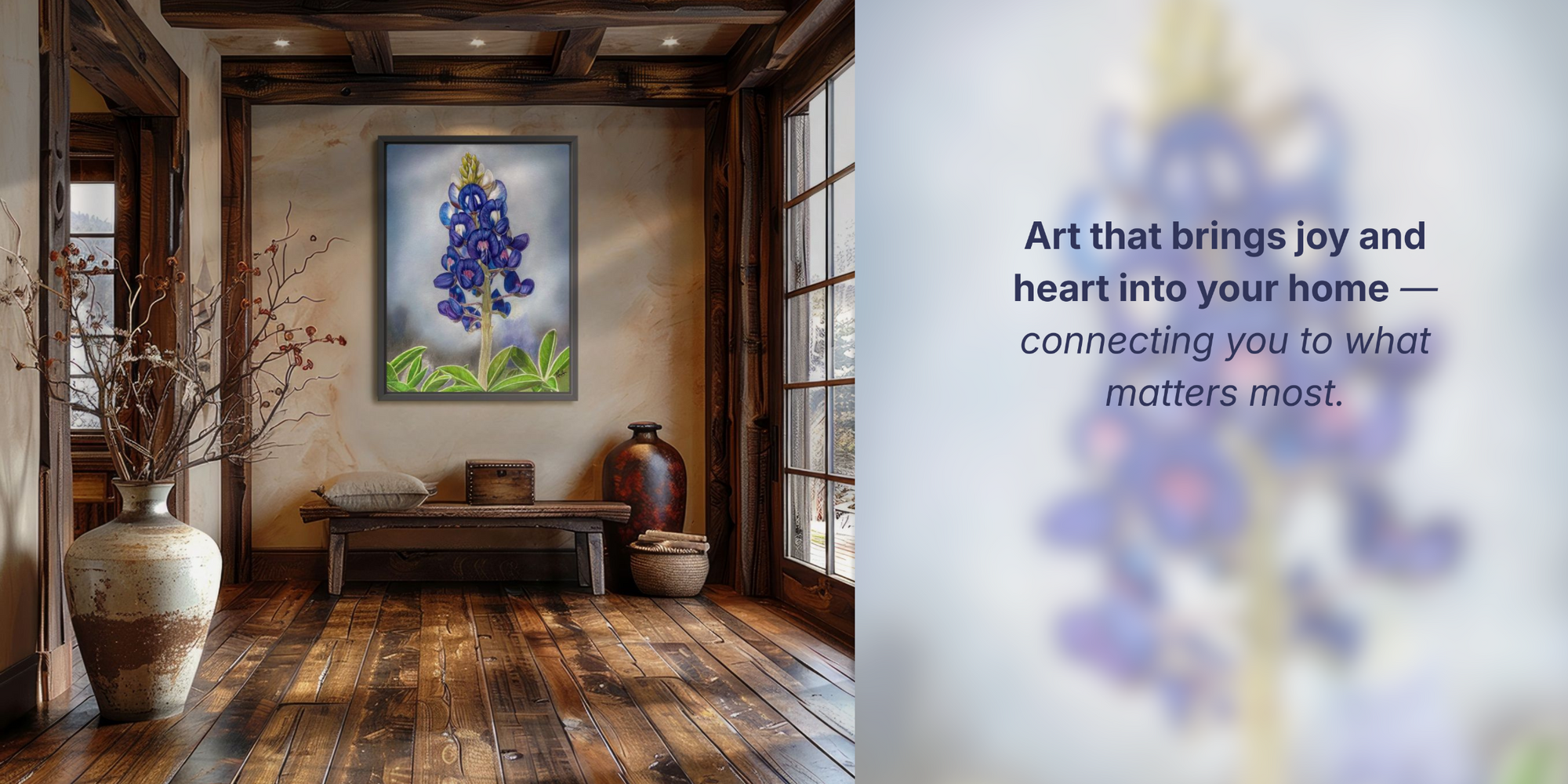 Painting of Texas Bloom No. 2 on wall in rustic entryway.