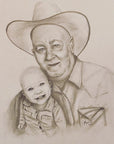Pencil drawing by Kris Horton of a man wearing a cowboy hat holding his granddaughter who he never met.