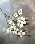 Painting by Kris Horton The Dogwood of a branch with white flowers and green leaves on a textured background