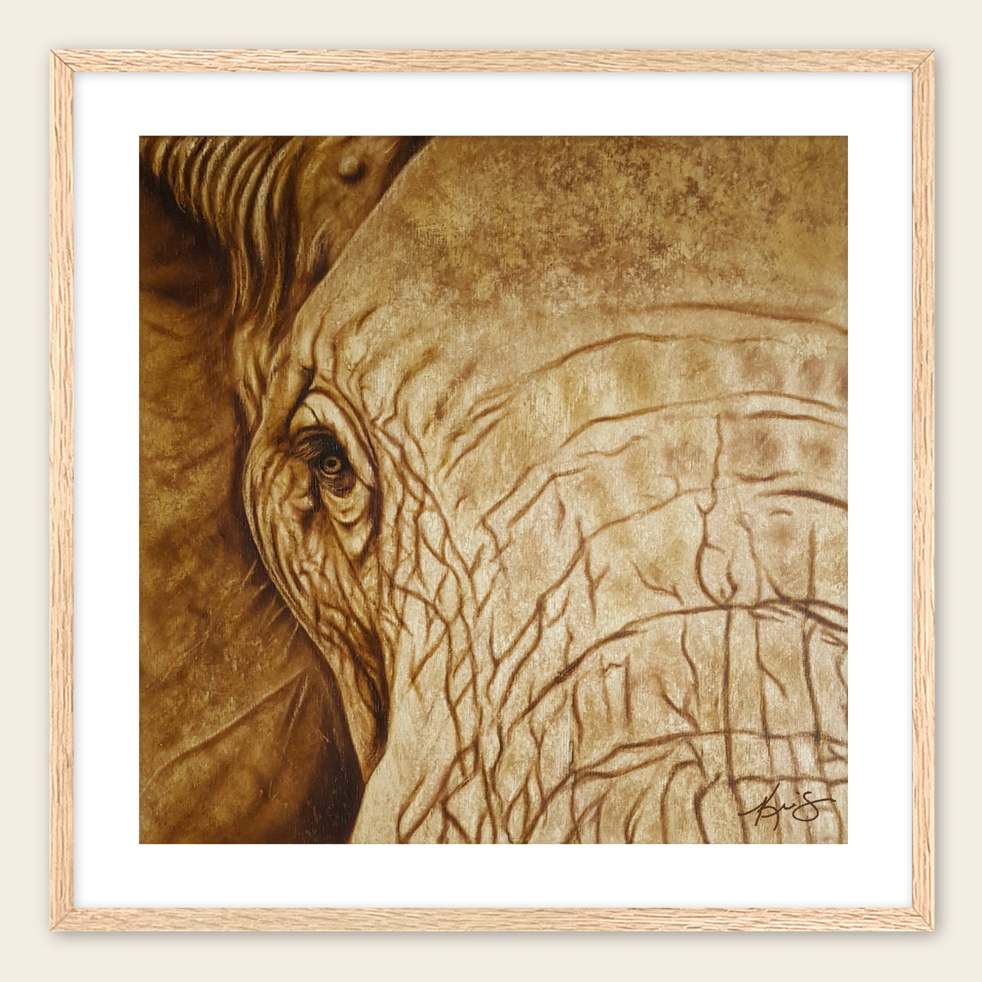 Framed sepia-toned artwork by Kris Horton of an elephant's eye.
