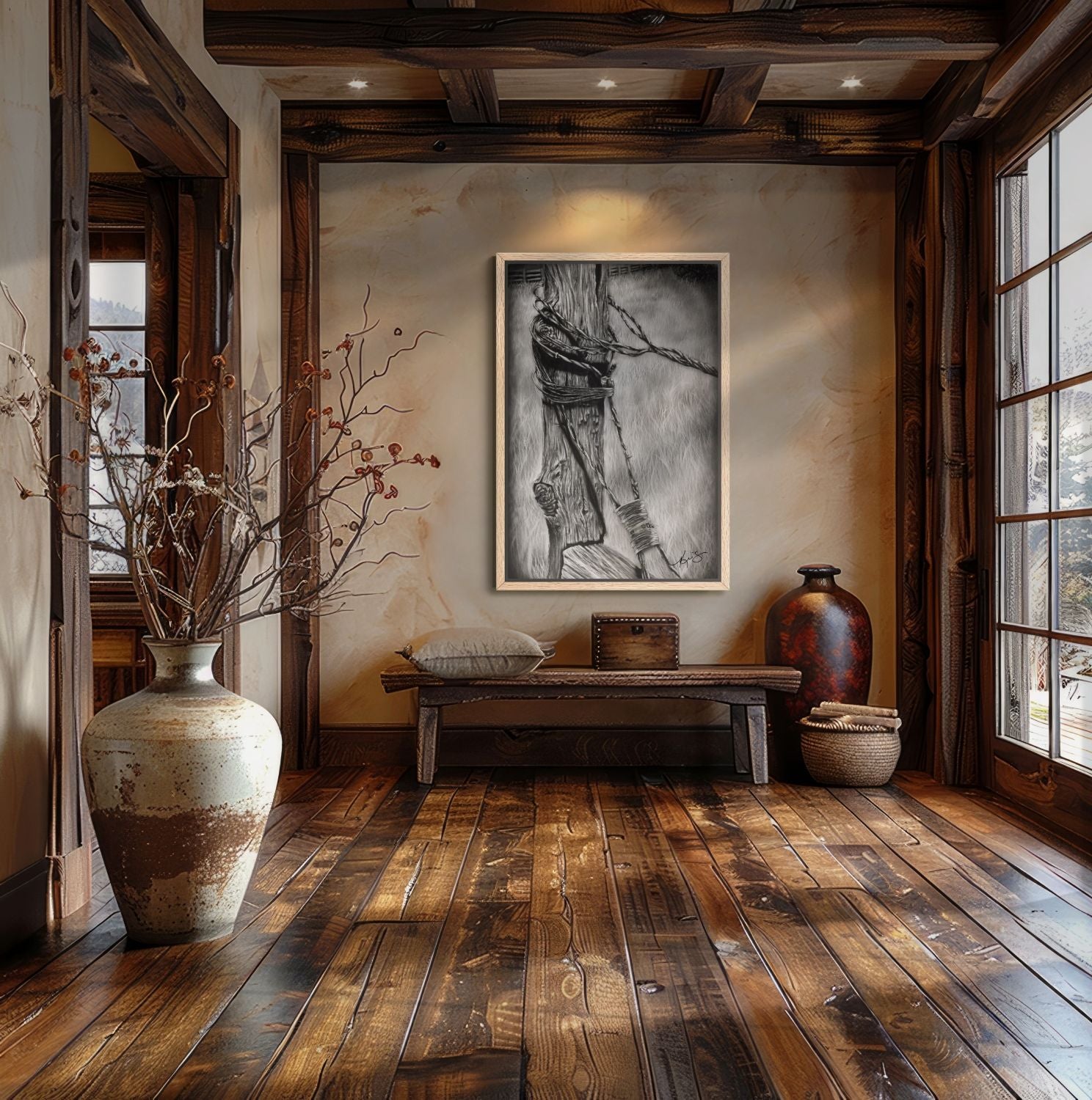 Wood framed Bound wall art that is barb wire wrapped around a fence post in a wooden rustic entry way.