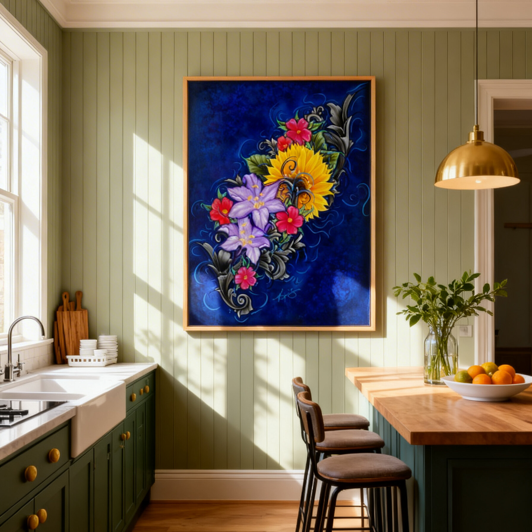 Framed painting of The Color of Happiness a vibrant collection of flowers on a blue background hanging in a kitchen with green wall.