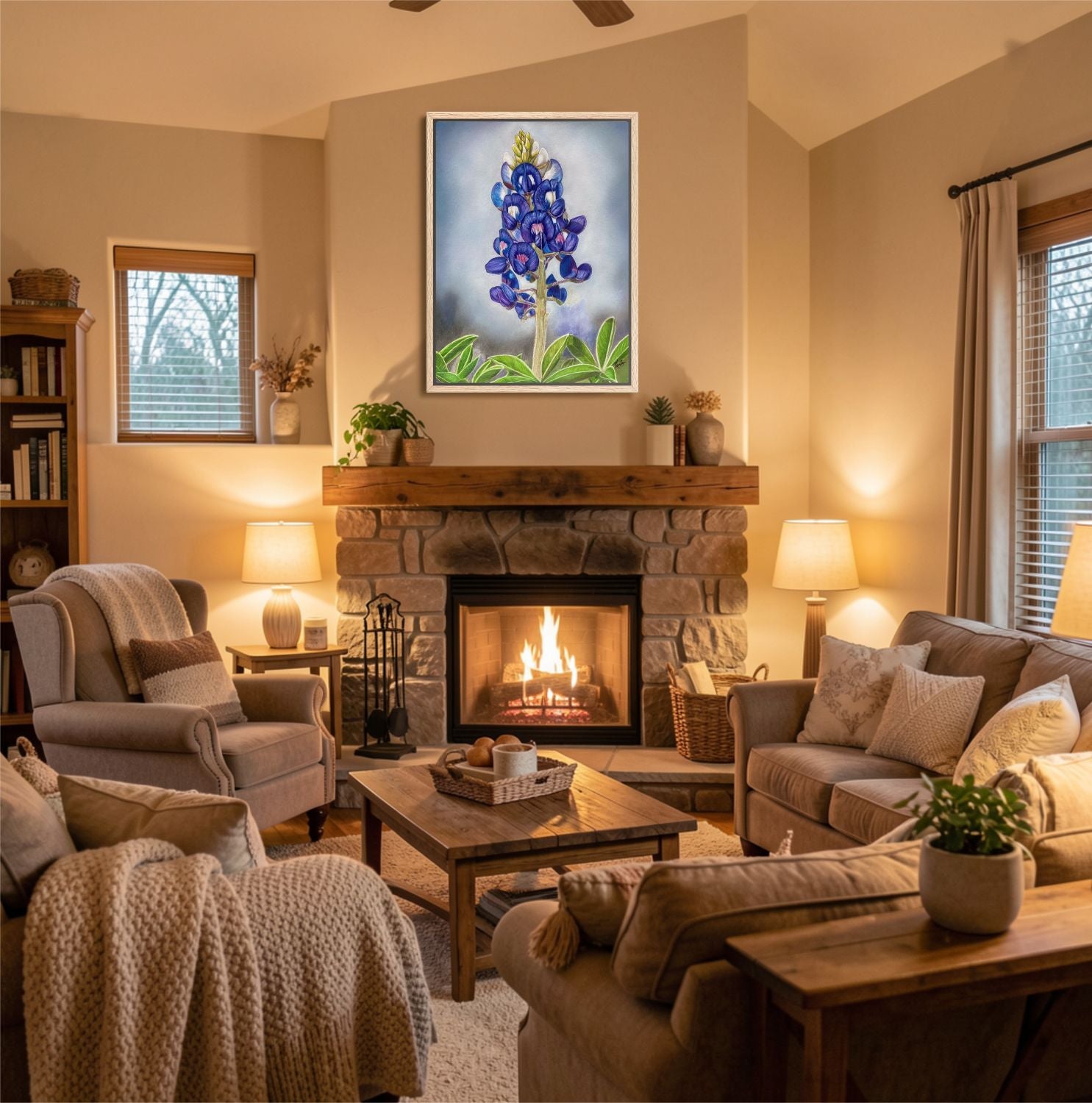 Bluebonnet painting over a fireplace in a rustic living room.