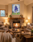 Bluebonnet painting by Kris Horton over a fireplace in a rustic living room.