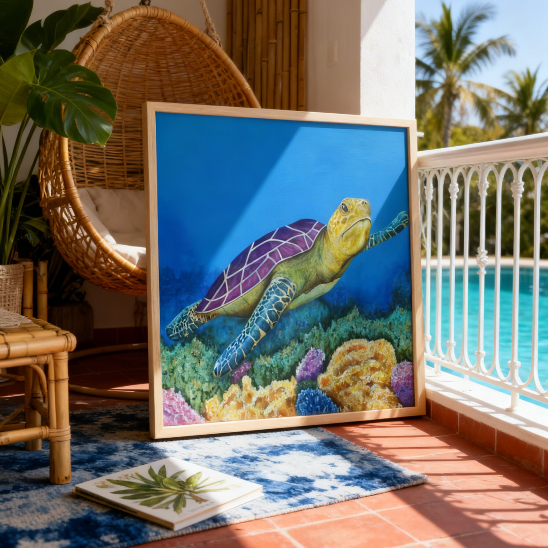 Framed painting by Kris Horton 'Sea of Colors' a turtle swimming above coral leaning on a patio near a pool.
