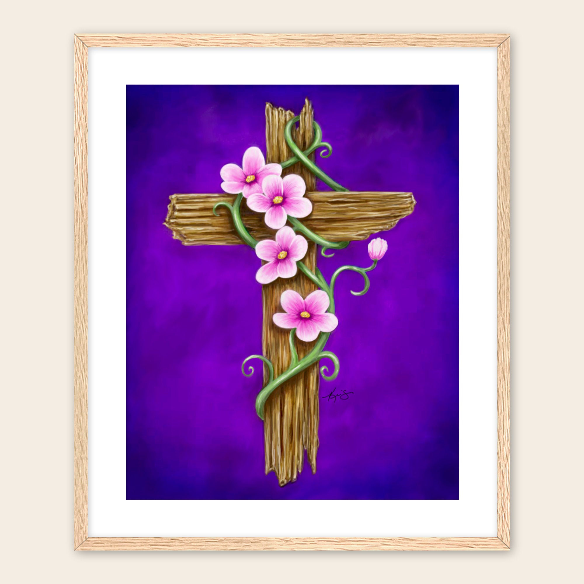 Wooden cross with pink flowers on a purple background, framed in oak with white mat.