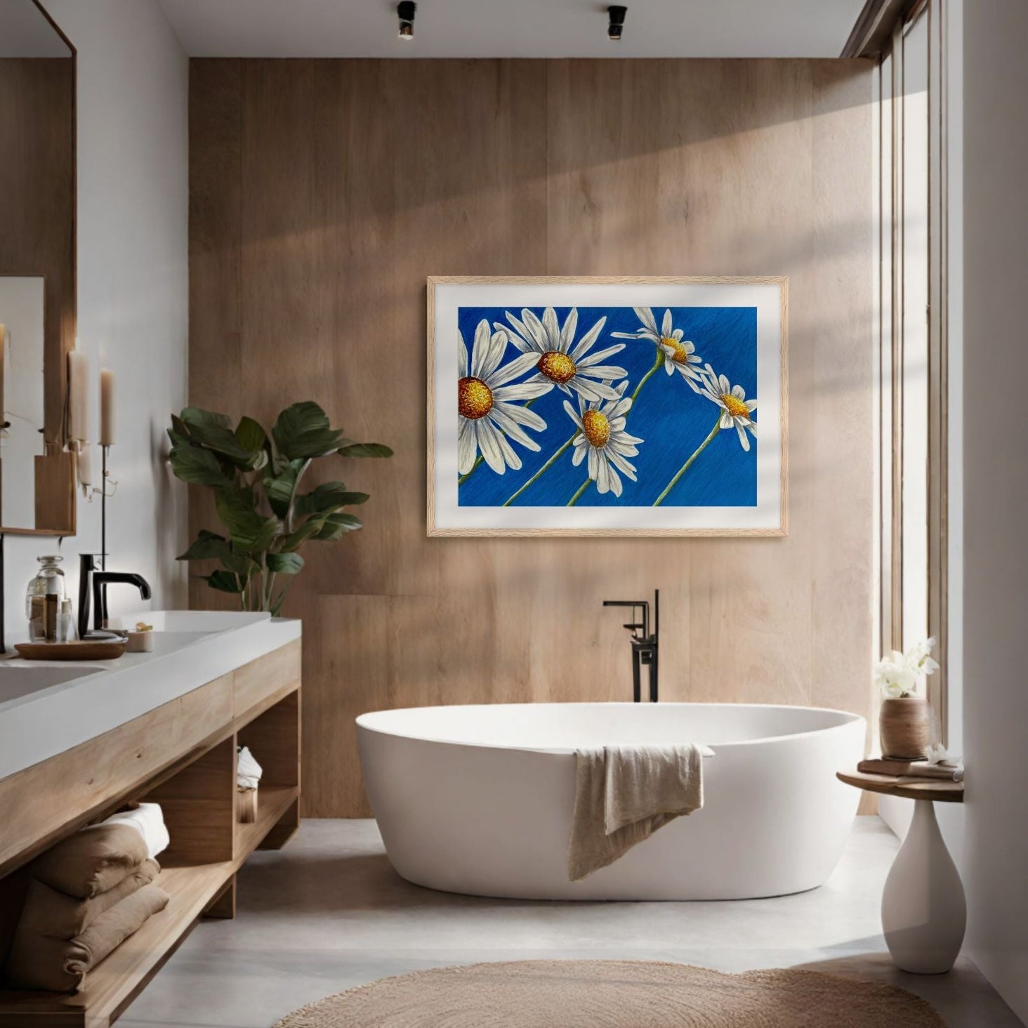 Framed Daisy Days floral painting by Kris Horton with five white daisies on a blue background styled in a modern bathroom.