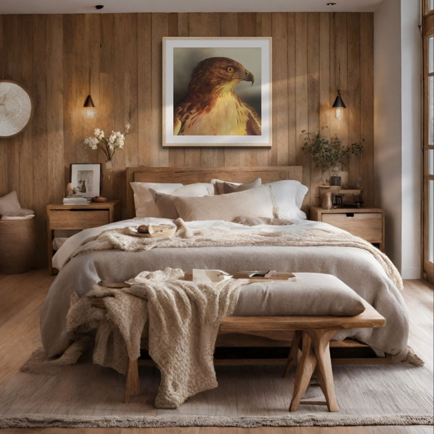 Oak framed painting by Kris Horton of a close up of a red tailed hawk hanging in a cozy bedroom.