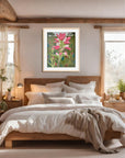 Texas Bloom No. 2 painting by Kris Horton of an Indian Paintbrush flower framed and hanging over a cozy bed.