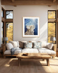 Framed painting by Kris Horton of Believe a bobcat looking up to the sun in a modern living room above a couch.