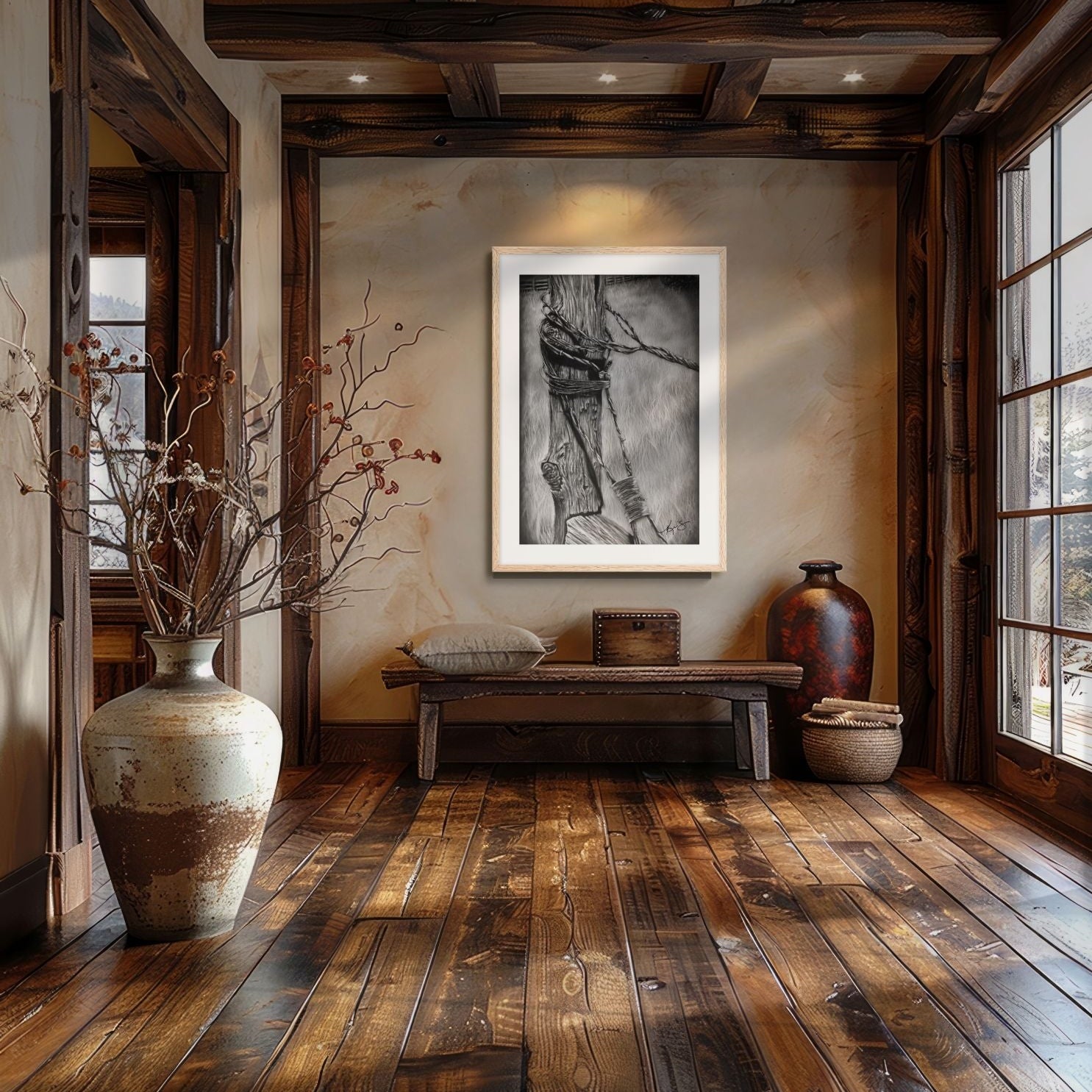 Framed wall art of Bound an old fence post wrapped with barbwire in a rustic entryway.