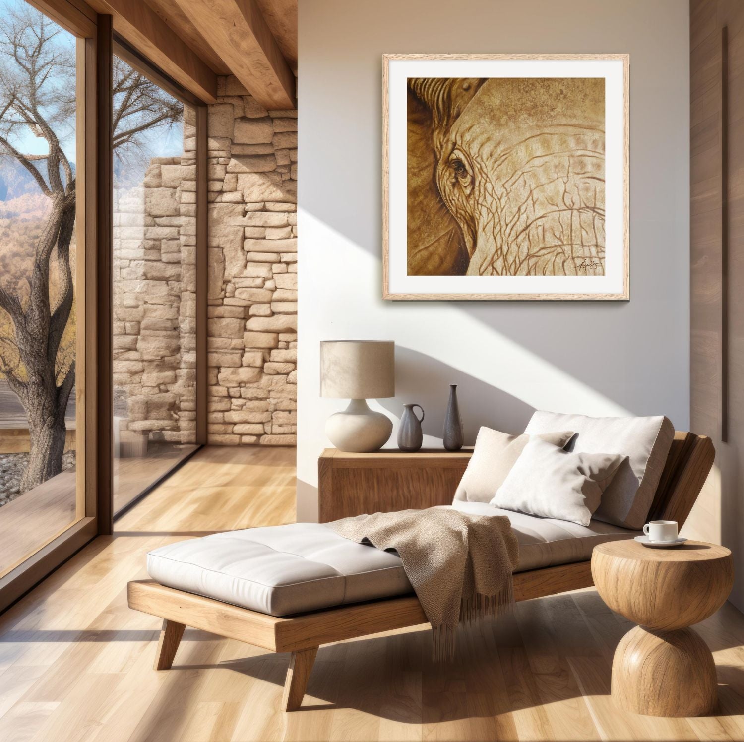 Framed wall art by Kris Horton of an elephant eye painting in sepia in a sunroom with a lounger.