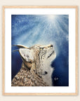 Framed artwork by Kris Horton of a bobcat looking upwards against a blue sky with sunlight.