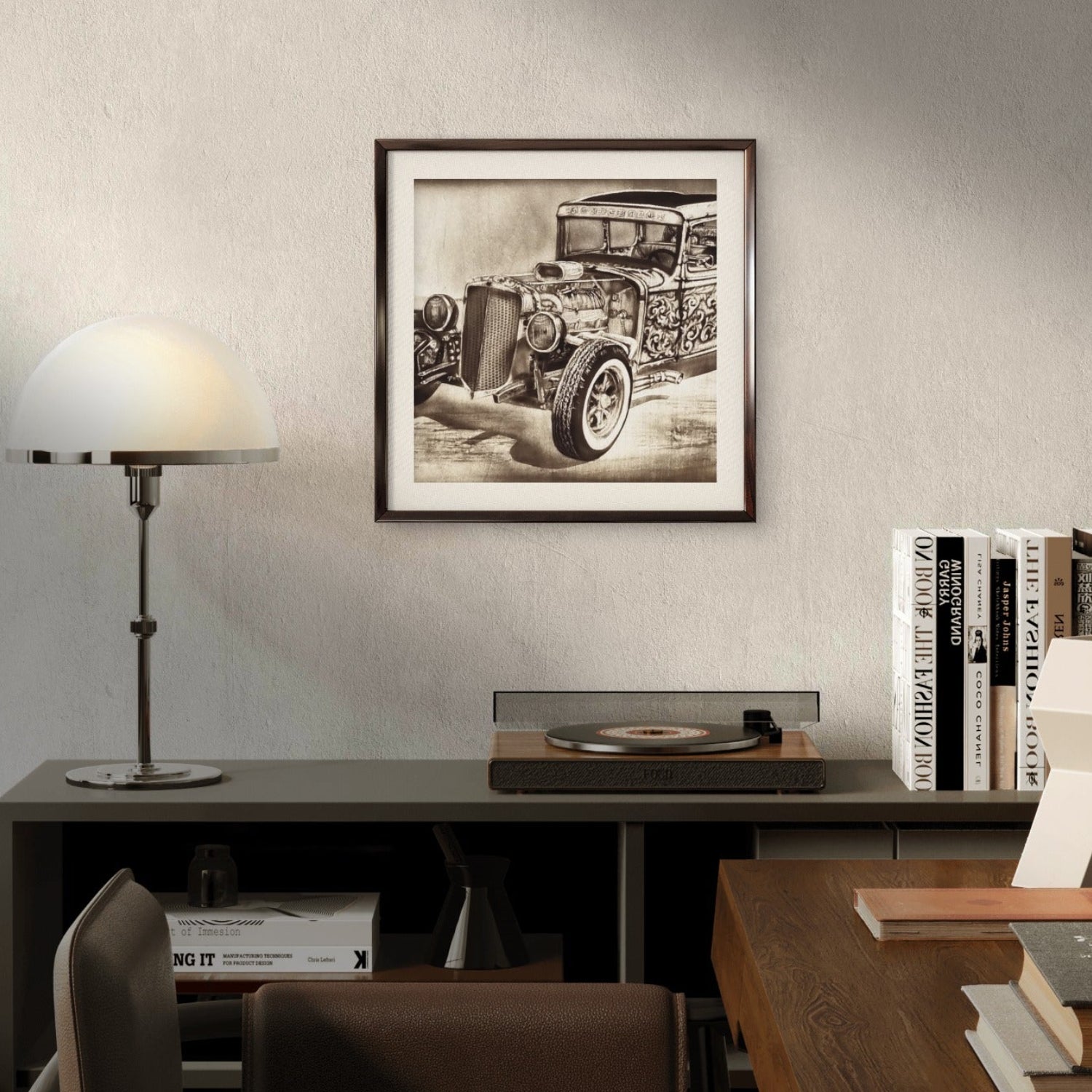 Studebaker mini fine art print by Kris Horton framed and hanging in living room.