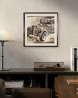 Studebaker mini fine art print by Kris Horton framed and hanging in living room.