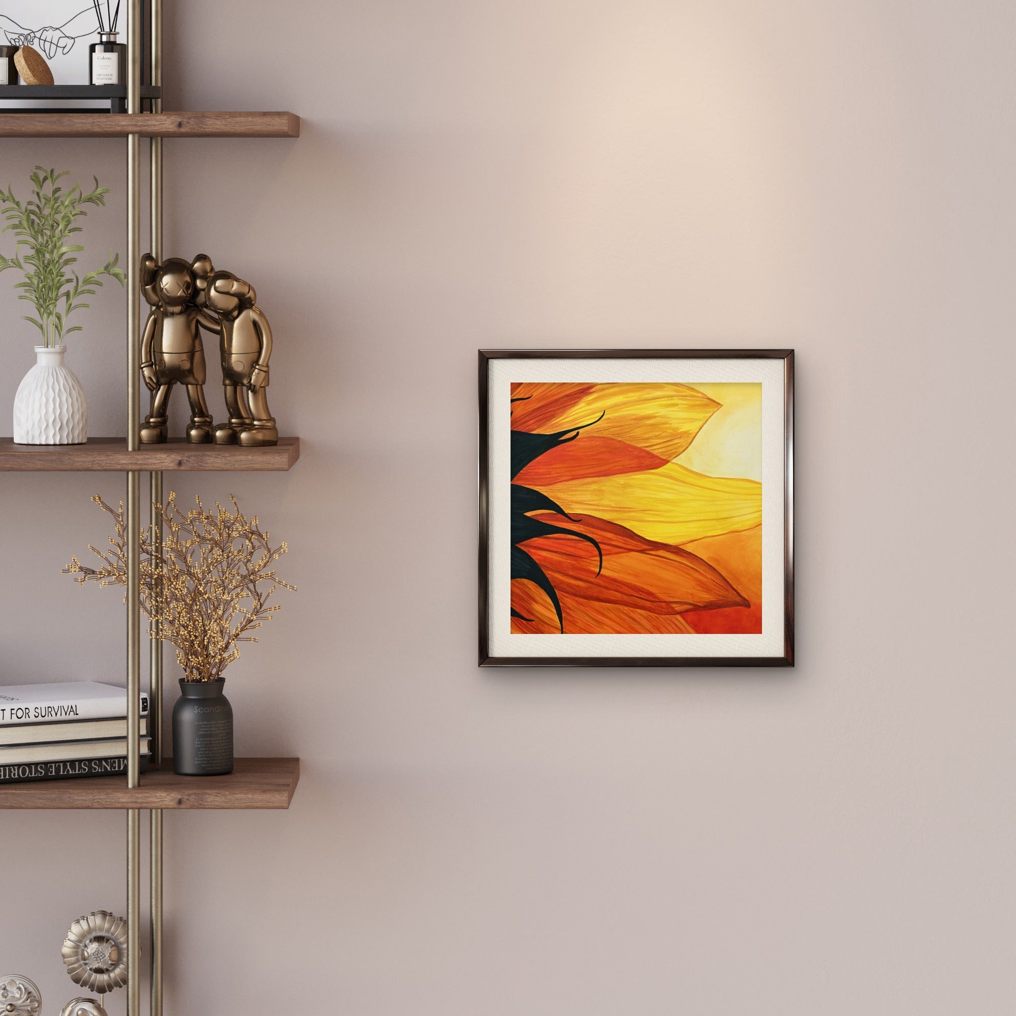 Petals in the Sun mini print painting by Kris Horton framed on a wall