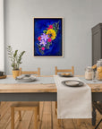 The Color of Happiness framed canvas print, a vibrant floral painting by Kris Horton hanging in a kitchen.