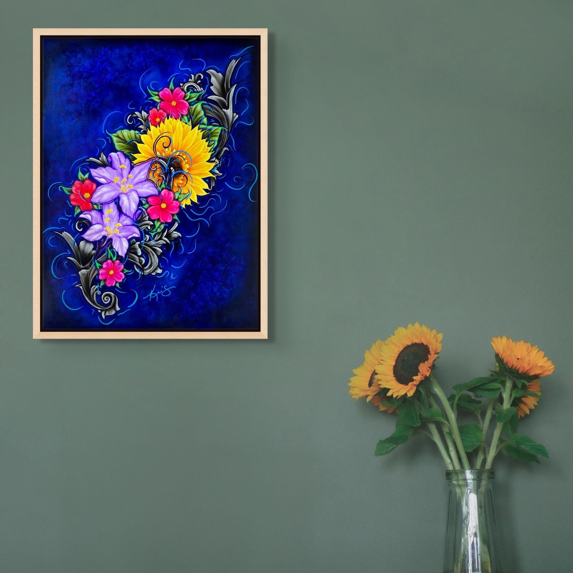 Framed painting by Kris Horton, the Color of Happiness, a vibrant floral painting