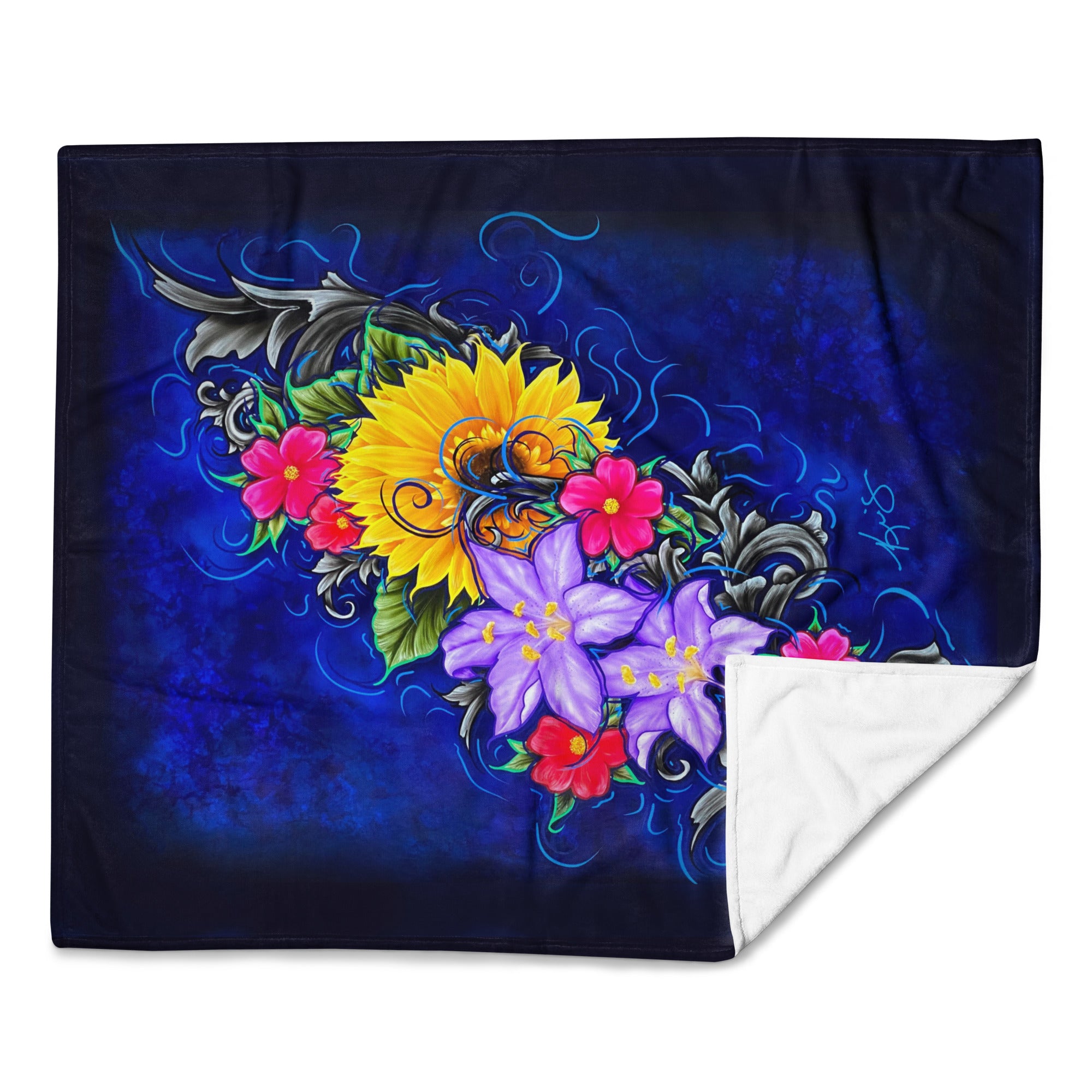 Colorful floral painting with a dark blue background on a fleece throw by Kris Horton