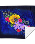 Colorful floral painting with a dark blue background on a fleece throw by Kris Horton
