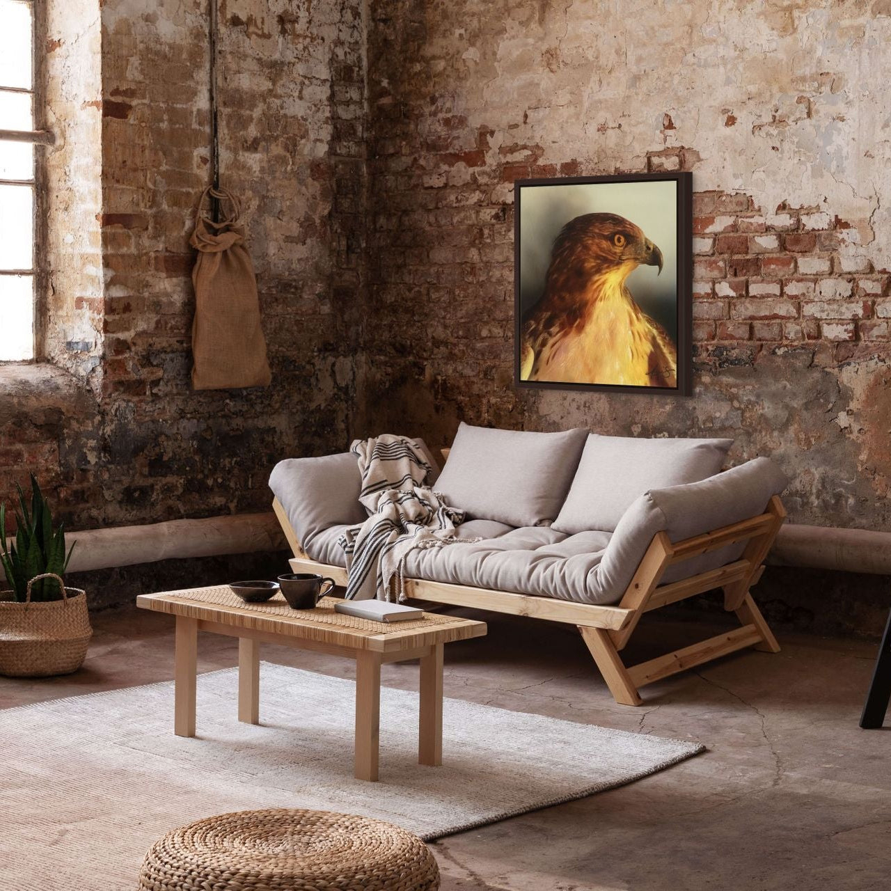 Framed canvas print of the painting Watchful by Kris Horton, a red tail hawk close up