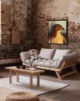 Framed canvas print of the painting Watchful by Kris Horton, a red tail hawk close up