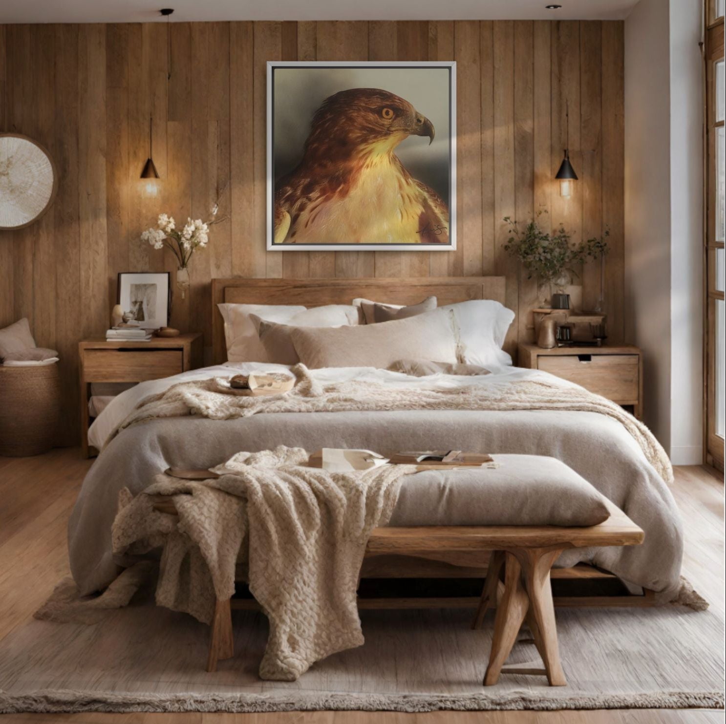 Framed wall art of Watchful a painting of a red tailed hawk hanging above a bed in a cozy bedroom.
