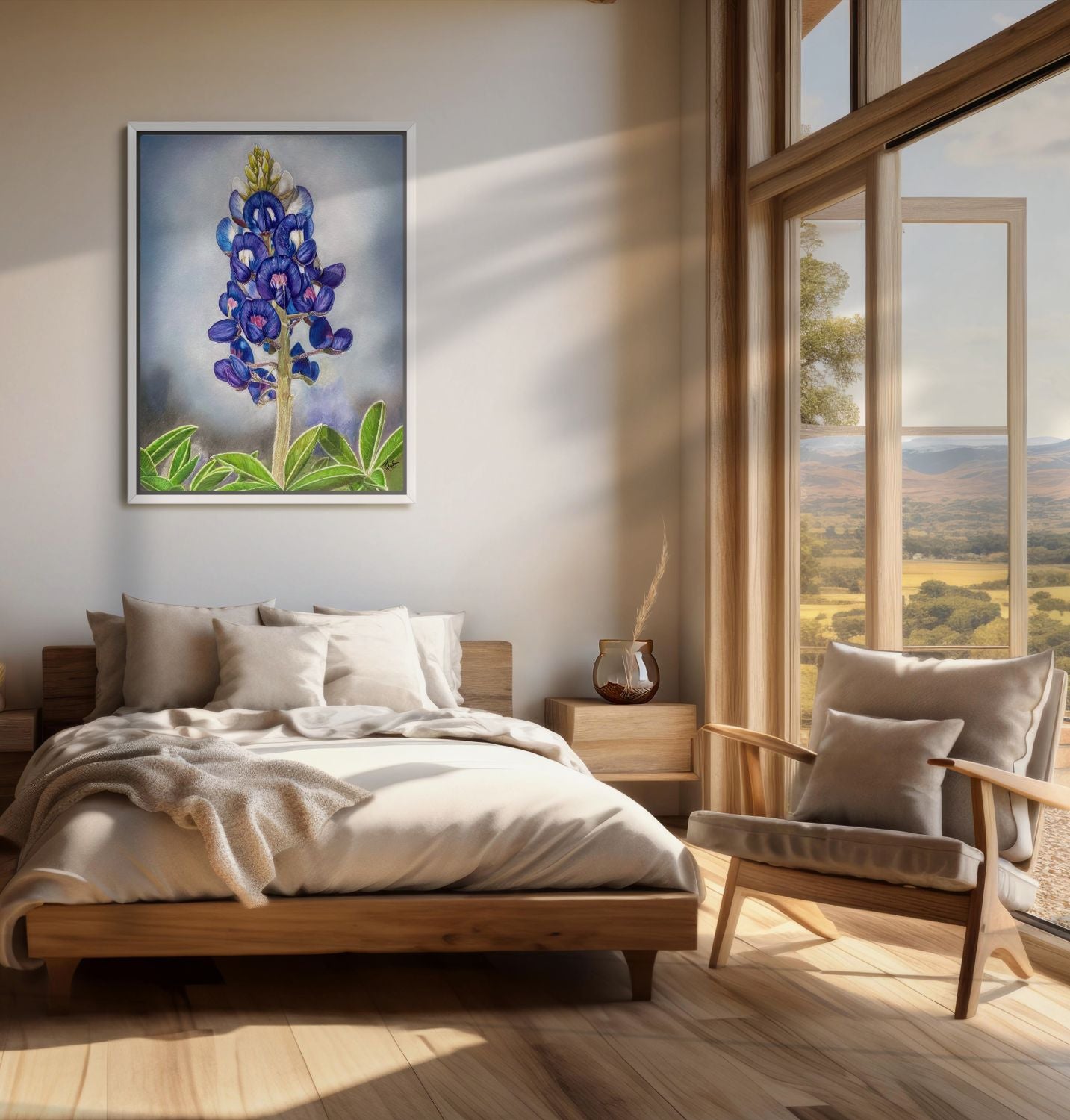 Bedroom with a large window, wooden bed, and a painting Texas Bloom No. 1 a bluebonnet on the wall. 